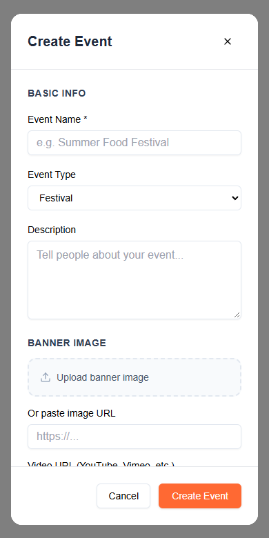 Create an event: FTF interface with example data