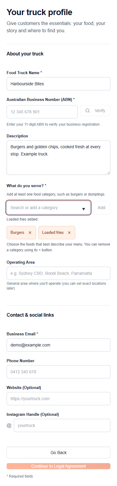 Build your truck profile — proposed redesign with example data